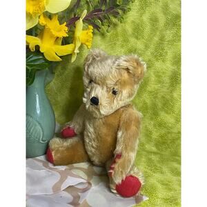 Vintage 1950s Twyford Gold Mohair Jointed Teddy Bear - original red felt paws